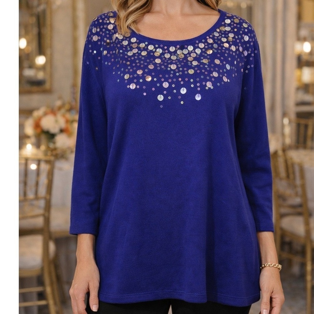 Victor Costa Occasion Royal Blue Sequin Embellished Knit Sweater Top 3X Dressy